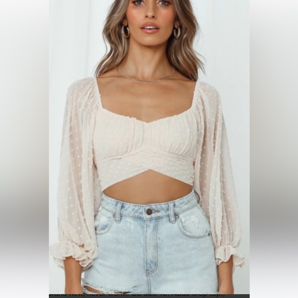 Hello Molly Cream Swiss Dot Puff Sleeve Crop Top